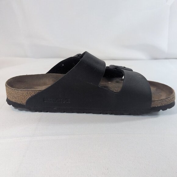 Birkenstock 41 Arizona Black Leather Sandals Pebbled Slip On 2 Strap Buckle 10 - Picture 16 of 16